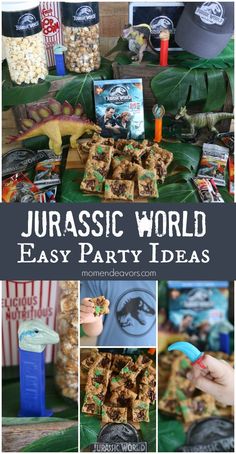 some food and drinks on a table with the words jurasic world easy party ideas