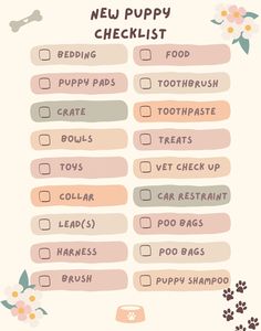 the new puppy checklist is shown with flowers and bones on it's side