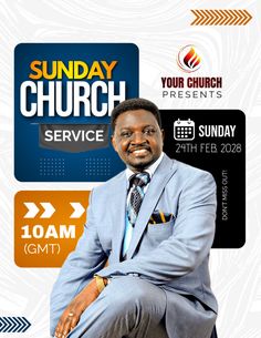 a man in a suit and tie sitting on a chair with the words sunday church service