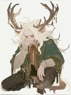 a man with white hair sitting on top of a chair next to deer antlers