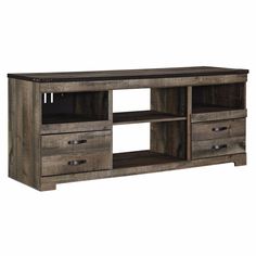 the entertainment center is made from wood and has drawers