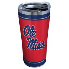 a red and blue tumbler cup with ole mississippi on it