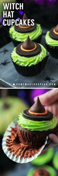 chocolate cupcakes with green frosting and sprinkles in the middle