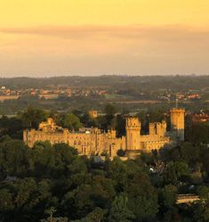 an aerial view of a castle in the distance with trees surrounding it and buildings on either side