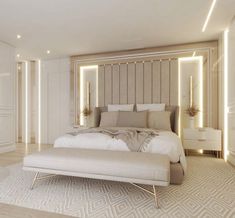 a large white bed sitting in a bedroom next to a wall mounted mirror and night stand