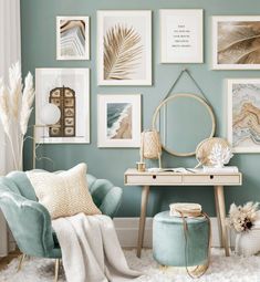 a living room with blue walls and pictures on the wall, including a white fur rug