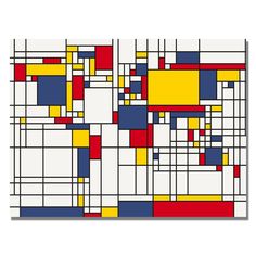 an abstract painting with squares and rectangles in yellow, red, blue, and white