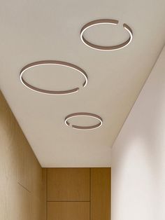 three circular lights are suspended from the ceiling