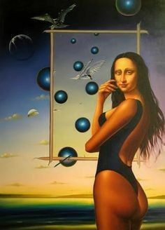 a painting of a woman in a bathing suit with bubbles around her and a bird flying above