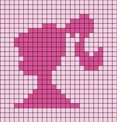 A pixel art template of a silhouette of the side of Barbie's face (with a pony tail and including the neck). This is all in pink - even the background is light pink. Barbie Pixel Crochet, Barbie Crochet Grid, Pixel Blanket Crochet, Barbie Grid Pattern, Barbie Pixel Grid, Barbie Alpha Pattern, Barbie Tapestry, Sonic Blanket, Barbie Template