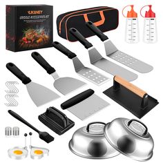 PRICES MAY VARY. 【Complete Griddle Accessories Set】Our griddle accessories kit includes everything you need for the perfect grilling experience: long spatula, slotted spatula, 2* basting cover, Short slotted spatula, slant edge scraper, griddle press, griddle flipper, chopper, 2* squeeze bottles, basting brush, 2* egg rings, 2* spice shakers, cleaning brush, storage bag, 10* hock. Whether you're grilling burgers, steaks, or vegetables, this set ensures you have the right tool for every task. 【Id Blackstone Accessories, Grilling Burgers, Griddle Accessories, Grilling Accessories, Bbq Tool Set, Egg Rings, Basting Brush, Flat Top Grill, Camp Chef