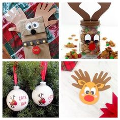 four different christmas ornaments with reindeer faces on them