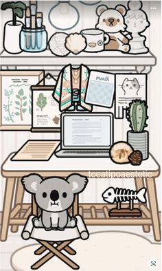 a drawing of a koala bear sitting at a desk in front of a laptop