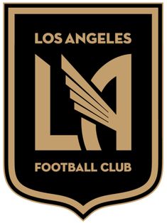 the los angeles football club logo on a black and gold shield with an arrow in it