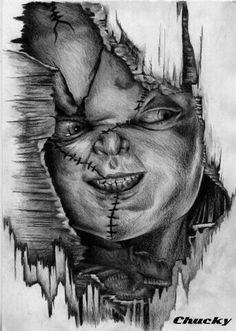 a black and white drawing of a man's face with the words chucky on it