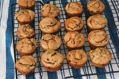 chocolate chip muffins cooling on a rack with blue and white towel next to them