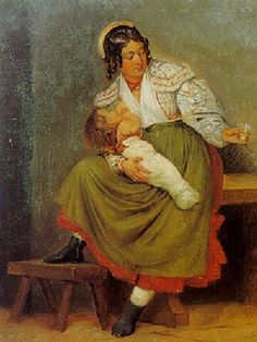 a painting of a woman sitting on a bench holding a small child in her lap