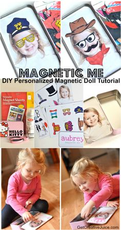 Magnetic Me  DIY personalized magnetic doll tutorial - use a photo of your own kid! Photobooth Props, Altoid Tin, Quiet Activities, Grasshoppers, Easy Cheap, Busy Bags, Toddler Fun, Doll Tutorial, Tin Toys