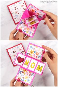 two pictures showing how to make a mother's day card