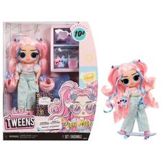 a doll with pink hair and blue eyes on a skateboard in front of a box