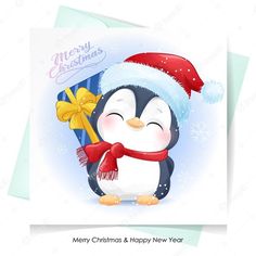 a christmas card with a penguin wearing a santa hat and holding a gift box in its paws