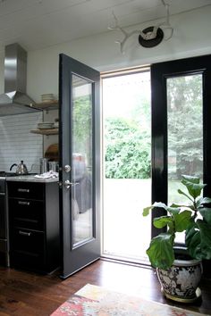 a kitchen with a potted plant on the counter next to an open glass door