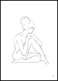 a black and white drawing of a woman sitting on the ground with her legs crossed