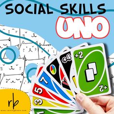 a hand holding four cards with the words social skills on it and an image of a map in the background