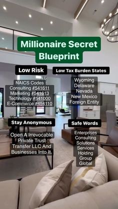 a living room filled with furniture and lots of text on the wall that says, millionaire secret blueprint low tax burden states