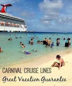 many people are on the beach and in the water near a cruise ship that is docked