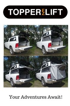 two pictures of the back end of a white truck with an open trunk and topper on