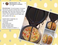 two photos of pizzas in pans on a yellow and white polka dot background