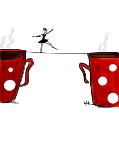 a drawing of two red coffee mugs connected by a string with a ballerina on it