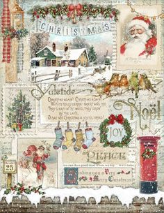 an old fashioned christmas card with santa's sleigh, mailbox and decorations