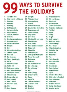 the 99 ways to survive the holidays poster is shown in red and white with green lettering