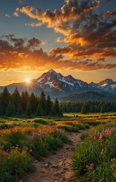 the sun is setting over a mountain range with wildflowers and trees in the foreground