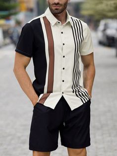 Camisa de hombre con estampado a rayas y pantalones cortos con cintura con cordón Multicolor Casual    Color combinado,A rayas  No-Elástico  Men Clothing, size features are:Bust: ,Length: ,Sleeve Length: Drawstring Waist Shorts, Co Ords, Men Clothing, Print Shirt, Summer Wear, Stripe Print, Drawstring Waist, Mens Shorts