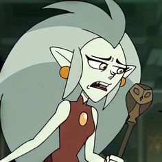 an animated woman with grey hair holding a stick