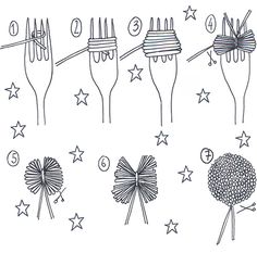 an image of different types of forks and spoons with stars on them in black and white