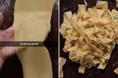 two pictures one with pasta and the other shows how to cut it into small pieces