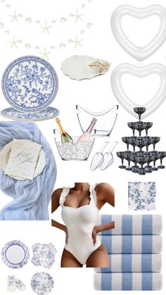 a collage of blue and white items