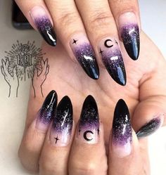 Life might not always be magical, but your nails can be! 🔮😍 💅🏼_.riot #offyatree #offyatreeaustralia #clawaddicts #manicure #manicure_ideas #nailart #naildesigns #nailgame #nailobsession #nailswag #alternativefashion #alternative Dark Purple Witchy Nails, Purple Black Nails, Moon And Star Nails, Pastel Goth Nails, Hades Footwear, Emerald Nails