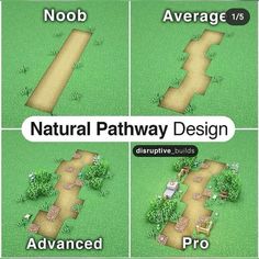 four different paths in the grass with trees and bushes on each side, along with text that reads natural pathway design