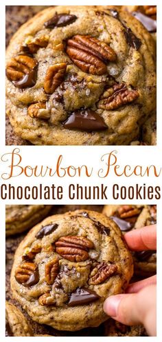 bourbon pecan chocolate chunk cookies are stacked on top of each other, with the title above it