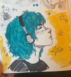 a drawing of a boy with blue hair and headphones on his ears, in front of stars