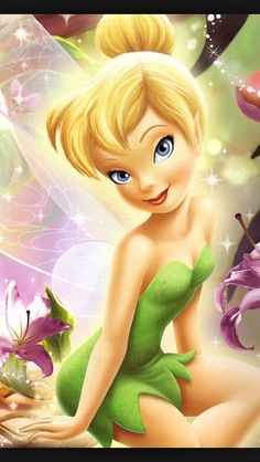 the tinkerbell fairy is sitting in front of some flowers