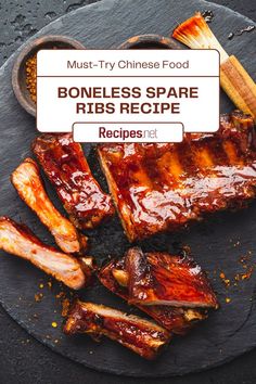 boneless spare ribs recipe on a plate with chopsticks