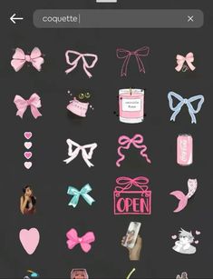 pink and blue bow stickers on a black background with the word open written in it