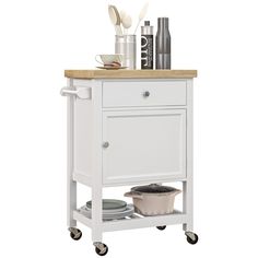 a white kitchen cart with wooden top and drawers on casteors, holding dishes and utensils