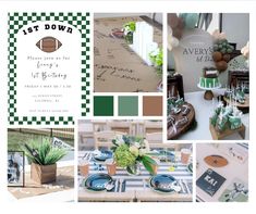 a football themed party with green and white decorations